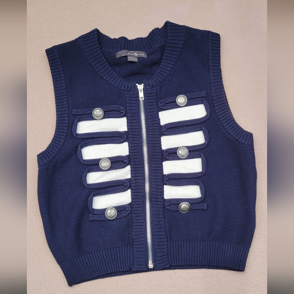 Forever 21 Military Style Knit Vest Zip Front Navy Blue Small S Button Detail